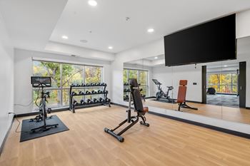 gym with weights and a tv on the wall at The Aurilla, Cottage Grove, MN